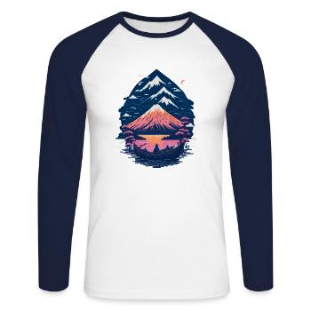 Serene Mount Fuji Sunset Peaceful River Scenery - Unisex Baseballshirt langarm - Weiß/Navy - Vorne - Nik (191cm)