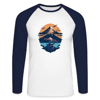 Serene Mount Fuji Sunset Peaceful River Scenery - Unisex Baseballshirt langarm - Weiß/Navy - Vorne - Nik (191cm)