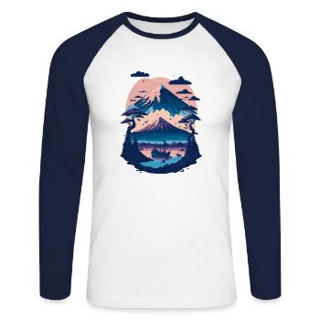 Serene Mount Fuji Sunset Peaceful River Scenery - Unisex Baseballshirt langarm - Weiß/Navy - Vorne - Nik (191cm)