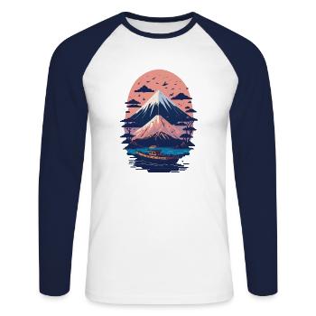 Serene Mount Fuji Sunset Peaceful River Scenery - Unisex Baseballshirt langarm - Weiß/Navy - Vorne - Nik (191cm)