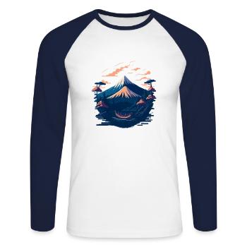 Serene Mount Fuji Sunset Peaceful River Scenery - Unisex Baseballshirt langarm - Weiß/Navy - Vorne - Nik (191cm)