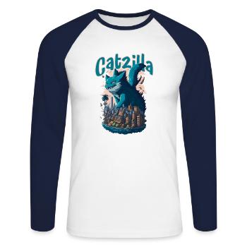 Catzilla Unleashed Funny Cartoon-Style Feline - Unisex Baseballshirt langarm - Weiß/Navy - Vorne - Nik (191cm)