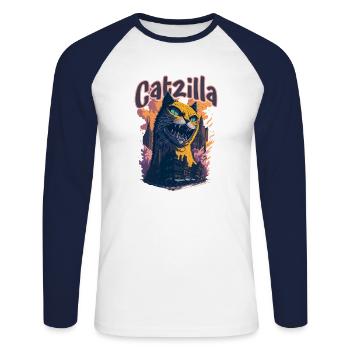Catzilla Unleashed Funny Cartoon-Style Feline - Unisex Baseballshirt langarm - Weiß/Navy - Vorne - Nik (191cm)