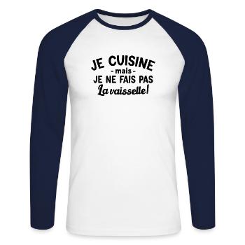 Je Cuisine, Pas La Vaisselle - T-shirt baseball manches longues Homme - blanc/marine - Devant - Nik (191cm)