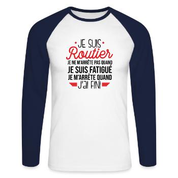 Routier Shirt • Je ferme pas ma gueule • Cadeau - T-shirt baseball manches longues Homme - blanc/marine - Devant - Nik (191cm)