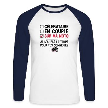 Célibataire en couple sur ma moto humour motard - T-shirt baseball manches longues Homme - blanc/marine - Devant - Nik (191cm)