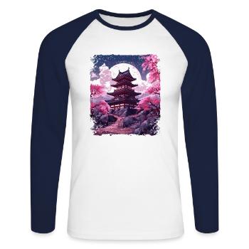 Cherry Blossom Sakura Tree in a Temple Vaporwave - Unisex Long Sleeve Baseball T-Shirt - white/navy - Front - Nik (191cm)