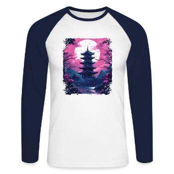 Sakura Cherry Blossom Tree in a Temple Vaporwave - Unisex Long Sleeve Baseball T-Shirt - white/navy - Front - Nik (191cm)