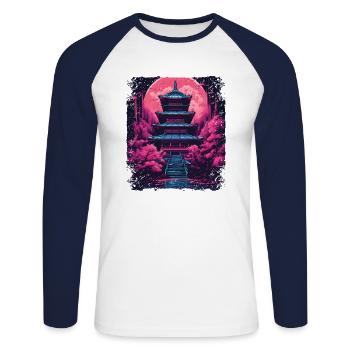 Vaporwave Cherry Blossom Sakura Tree in a Temple - Unisex Long Sleeve Baseball T-Shirt - white/navy - Front - Nik (191cm)