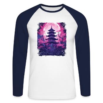 Cherry Blossom Sakura Vaporwave Tree in a Temple - Unisex Long Sleeve Baseball T-Shirt - white/navy - Front - Nik (191cm)