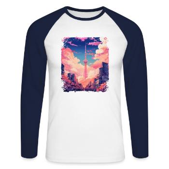 Vaporwave Aesthetic Tokyo Skytree Japanischer Anblick - Unisex Baseballshirt langarm - Weiß/Navy - Vorne - Nik (191cm)