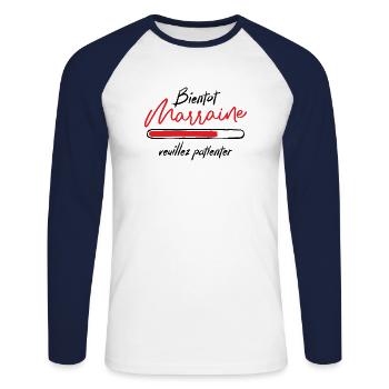 Bientôt Marraine Veuillez Patienter - T-shirt baseball manches longues Homme - blanc/marine - Devant - Nik (191cm)