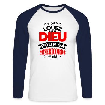Louez Dieu pour sa miséricorde - T-shirt baseball manches longues Homme - blanc/marine - Devant - Nik (191cm)