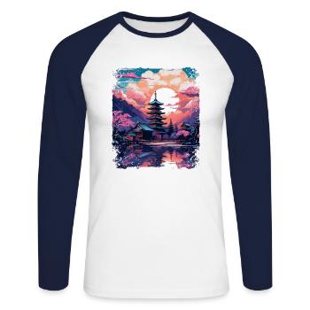 Japanische Alpen Japan Takayama Village Vaporwave - Unisex Baseballshirt langarm - Weiß/Navy - Vorne - Nik (191cm)