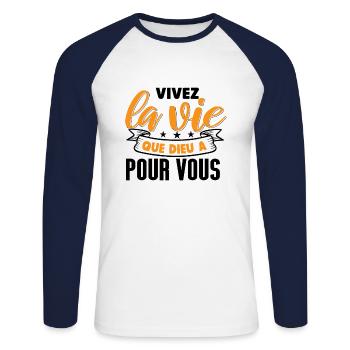 Vivez la vie que Dieu - T-shirt baseball manches longues Homme - blanc/marine - Devant - Nik (191cm)