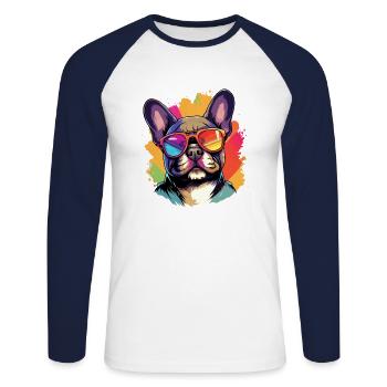 Bouledogue français coloré portant des lunettes de soleil - T-shirt baseball manches longues Homme - blanc/marine - Devant - Nik (191cm)