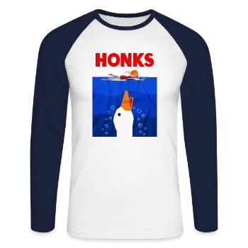 Honk Jaws Funny Goose Duck - Unisex Long Sleeve Baseball T-Shirt - white/navy - Front - Nik (191cm)