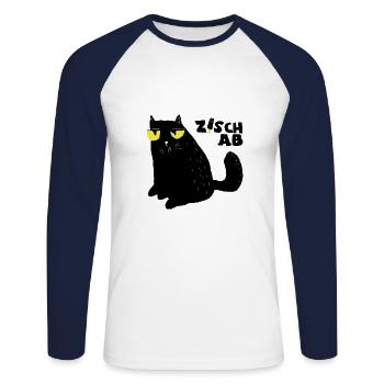 Katze Katzengesicht Katzenaugen Spruch zisch ab - Unisex Baseballshirt langarm - Weiß/Navy - Vorne - Nik (191cm)