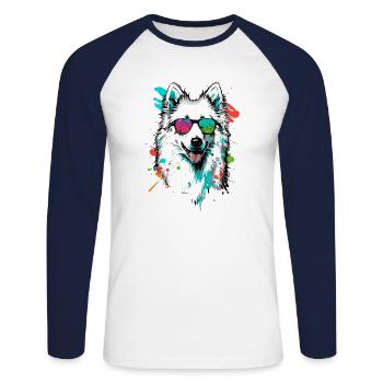 Chien esquimau américain coloré portant des lunettes de soleil - T-shirt baseball manches longues Homme - blanc/marine - Devant - Nik (191cm)