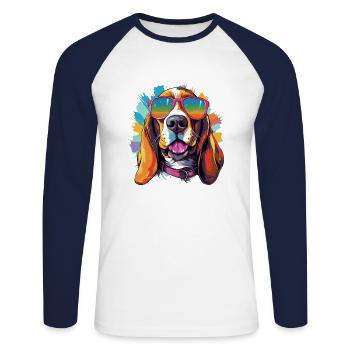 Chien de basset coloré avec lunettes de soleil amoureux des chiens - T-shirt baseball manches longues Homme - blanc/marine - Devant - Nik (191cm)