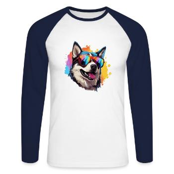 Alaskan Husky Hund mit Sonnenbrille Bunt - Unisex Baseballshirt langarm - Weiß/Navy - Vorne - Nik (191cm)
