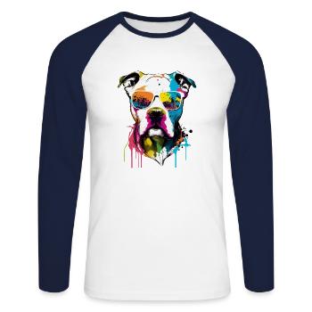 Bouledogue américain coloré portant des lunettes de soleil - T-shirt baseball manches longues Homme - blanc/marine - Devant - Nik (191cm)