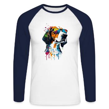 Foxhound américain coloré avec des lunettes de soleil - T-shirt baseball manches longues Homme - blanc/marine - Devant - Nik (191cm)