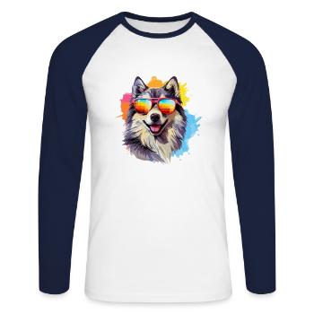 Bunter Alaskan Malamute Hund mit Sonnenbrille - Unisex Baseballshirt langarm - Weiß/Navy - Vorne - Nik (191cm)