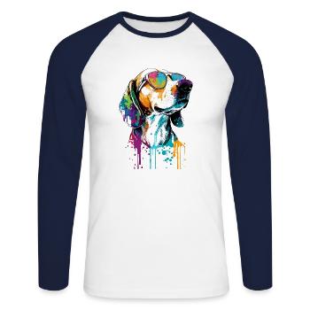 Foxhound américain coloré portant des lunettes de soleil - T-shirt baseball manches longues Homme - blanc/marine - Devant - Nik (191cm)