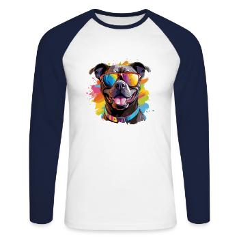 Pitbull coloré portant des lunettes de soleil amoureux des chiens - T-shirt baseball manches longues Homme - blanc/marine - Devant - Nik (191cm)