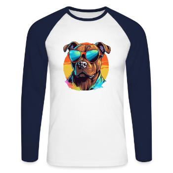 Pitbull coloré portant des lunettes de soleil amoureux des chiens - T-shirt baseball manches longues Homme - blanc/marine - Devant - Nik (191cm)