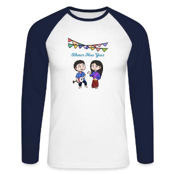 Cambodge Khmer Nouvel An Choul Chnam I Cadeau - T-shirt baseball manches longues Homme - blanc/marine - Devant - Nik (191cm)