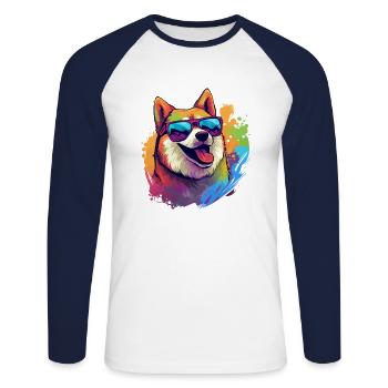 Akita coloré portant des lunettes de soleil amoureux des chiens - T-shirt baseball manches longues Homme - blanc/marine - Devant - Nik (191cm)