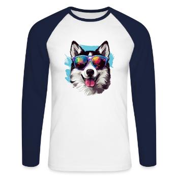 Bunte Alaskan Husky mit Sonnenbrille - Unisex Baseballshirt langarm - Weiß/Navy - Vorne - Nik (191cm)