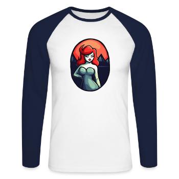 Le soleil rouge du Japon et la dame dans une pose pécheresse - T-shirt baseball manches longues Homme - blanc/marine - Devant - Nik (191cm)