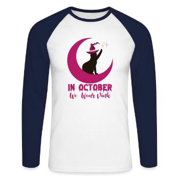 In October We Wear Pink Cat Breast Cancer Awarenes - Unisex Long Sleeve Baseball T-Shirt - white/navy - Front - Nik (191cm)