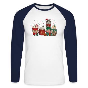 Scottish Fold Coffee Coffee Cups Santa Cat - Unisex Long Sleeve Baseball T-Shirt - white/navy - Front - Nik (191cm)