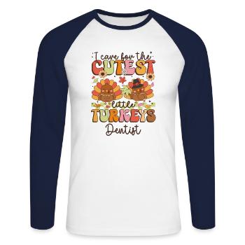 Dentiste Je m’occupe des dindes les plus mignonnes Thanksgiving - T-shirt baseball manches longues Homme - blanc/marine - Devant - Nik (191cm)
