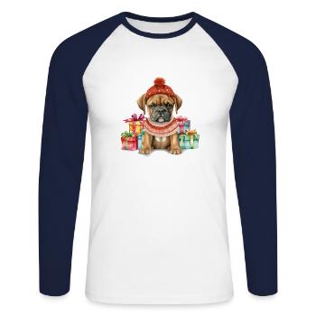 Boxer Chien Merry Woofmas Noël - T-shirt baseball manches longues Homme - blanc/marine - Devant - Nik (191cm)