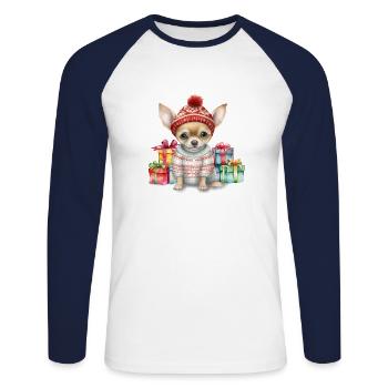 Chihauhau Chien Joyeux Woofmas Noël - T-shirt baseball manches longues Homme - blanc/marine - Devant - Nik (191cm)