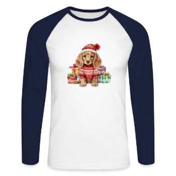 Cocker Spaniel chien joyeux Woofmas Noël - T-shirt baseball manches longues Homme - blanc/marine - Devant - Nik (191cm)