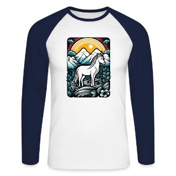 Dessin animé d’art d’un cheval licorne dans la nature - T-shirt baseball manches longues Homme - blanc/marine - Devant - Nik (191cm)