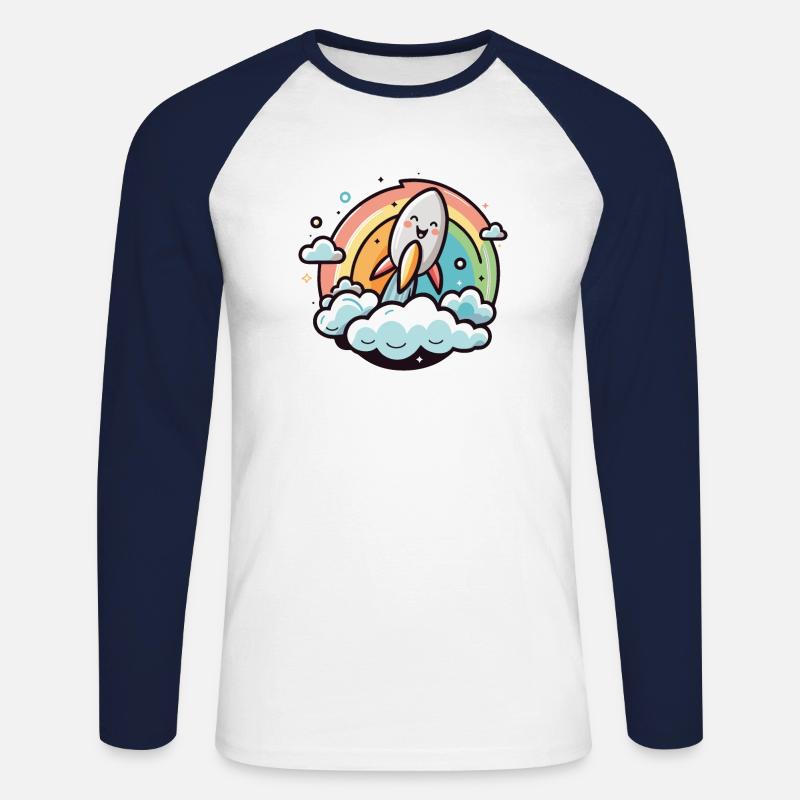 Fröhliche Rakete mit Regenbogen - Unisex Baseballshirt langarm - Weiß/Navy