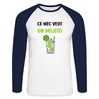 Ce mec veut un mojito - T-shirt baseball manches longues Homme - blanc/marine - Devant - Nik (191cm)