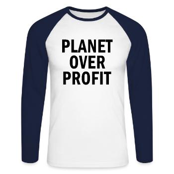 Citation de la planète sur le profit pour protéger l’environnement - T-shirt baseball manches longues Homme - blanc/marine - Devant - Nik (191cm)