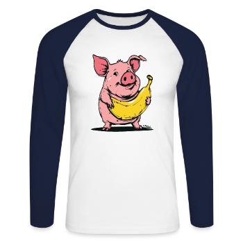 Cochon banane mignon et drôle - T-shirt baseball manches longues Homme - blanc/marine - Devant - Nik (191cm)