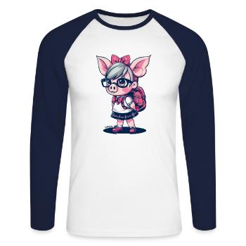 Retour à l’école : Nerd Écolière Cochon - T-shirt baseball manches longues Homme - blanc/marine - Devant - Nik (191cm)