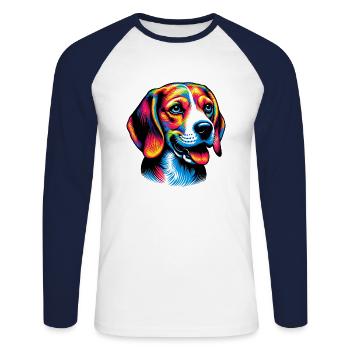 Chien Beagle - T-shirt baseball manches longues Homme - blanc/marine - Devant - Nik (191cm)