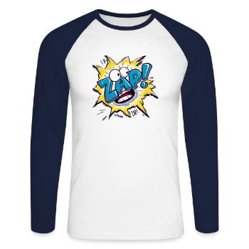 crash bang boom bande dessinée dessins animés sons zip zap - T-shirt baseball manches longues Homme - blanc/marine - Devant - Nik (191cm)
