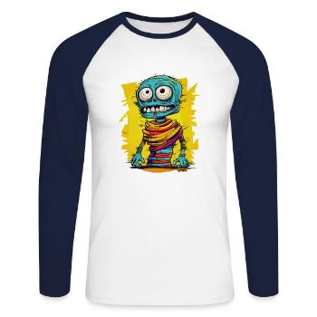 Momie zombie de dessin animé gaie et colorée - T-shirt baseball manches longues Homme - blanc/marine - Devant - Nik (191cm)